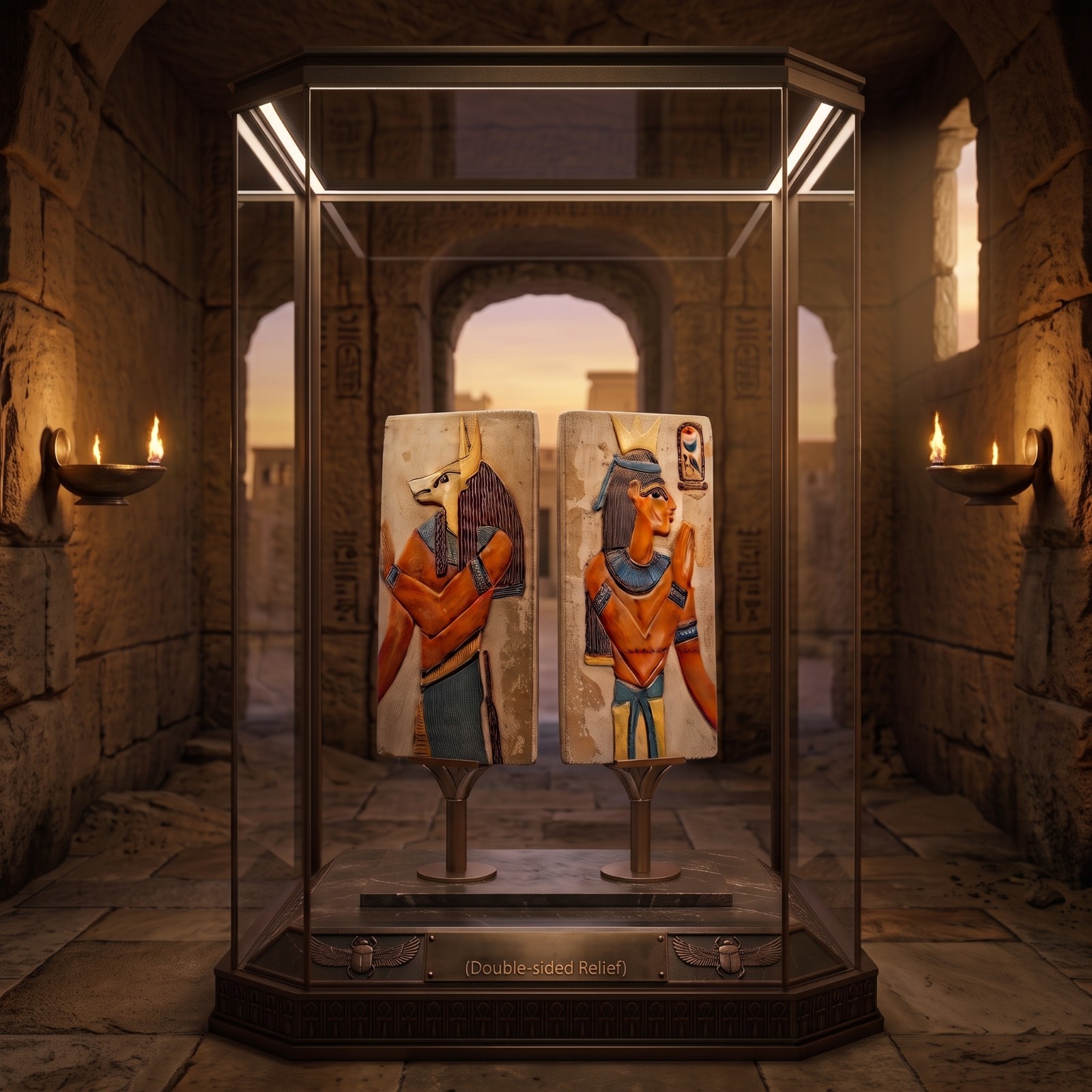 Double sided relief sculpture depicting royal Pharaonic figures, Egyptian artifa