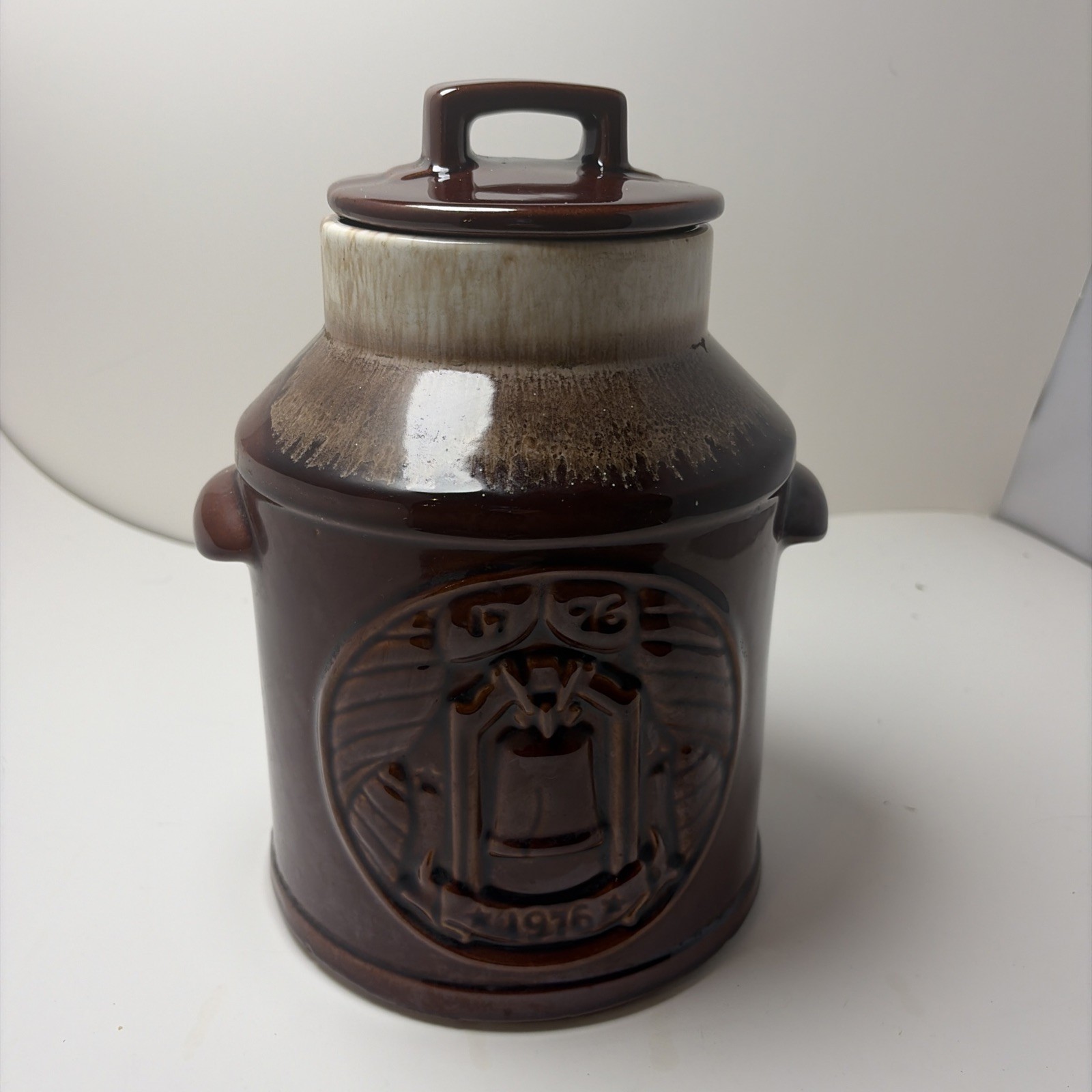 Vintage McCoy Pottery Bicentennial 76 Brown Drip Milk Jug Cookie Jar #7019 Vintage McCoy Pottery Bicentennial 76 Brown Drip Milk Jug Cookie Jar #7019