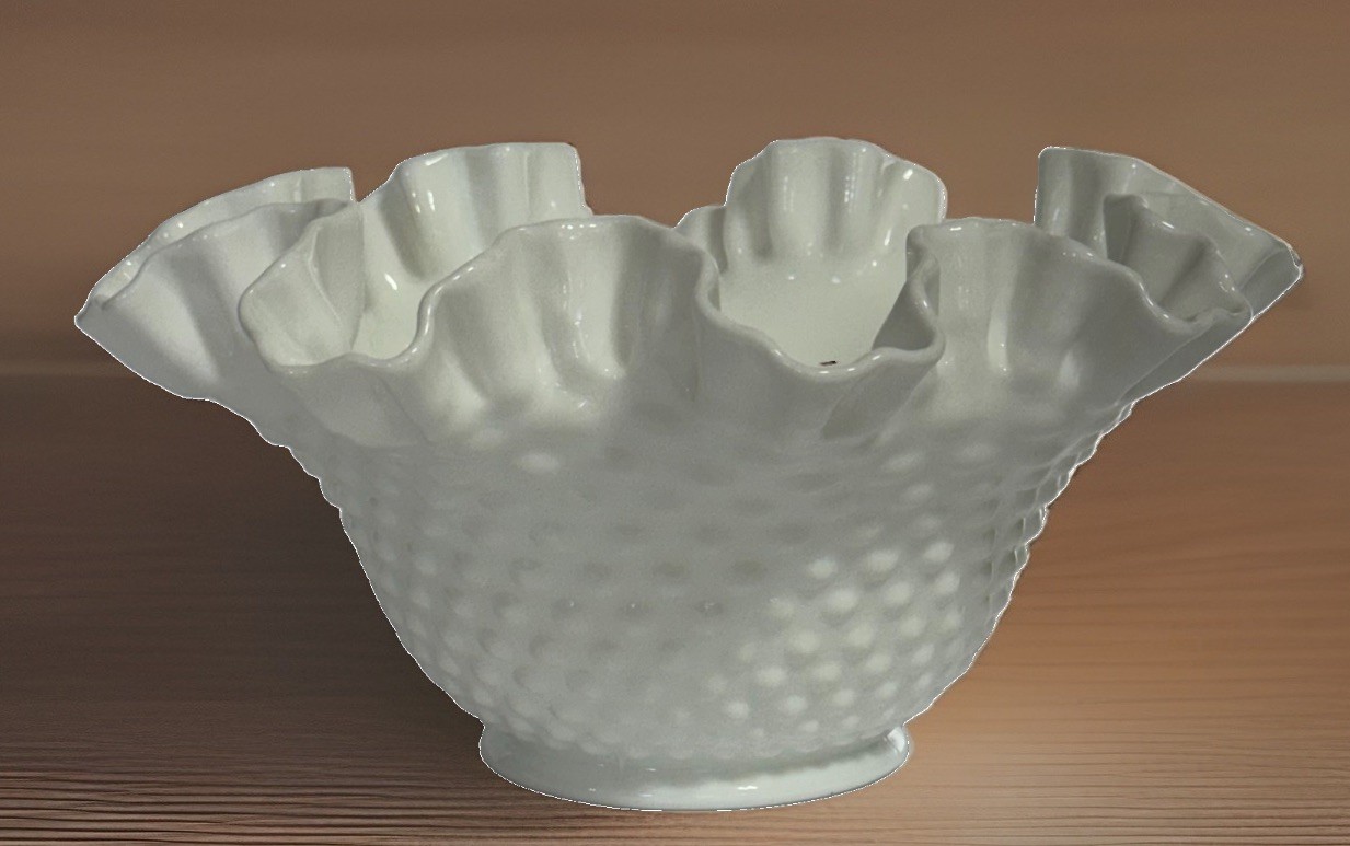 Fenton Hobnail Milk Glass Ruffled Fruit Bowl- Marked Fenton