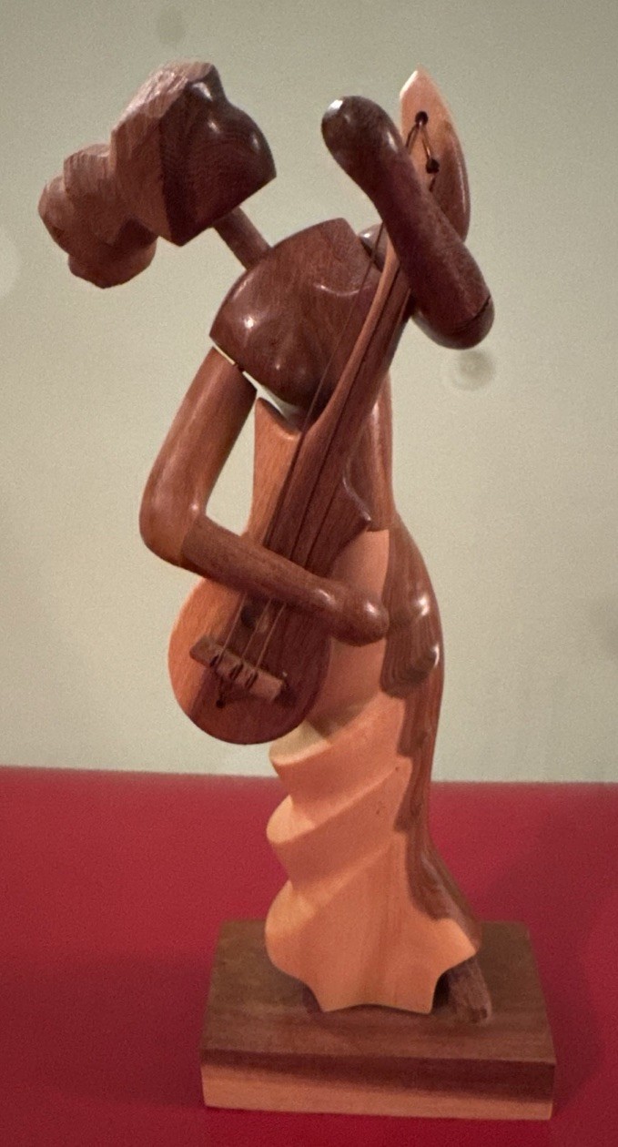 Wooden Hand Carved Afro-Caribbean Lady Playing Instrument Movable Arms Folk Art