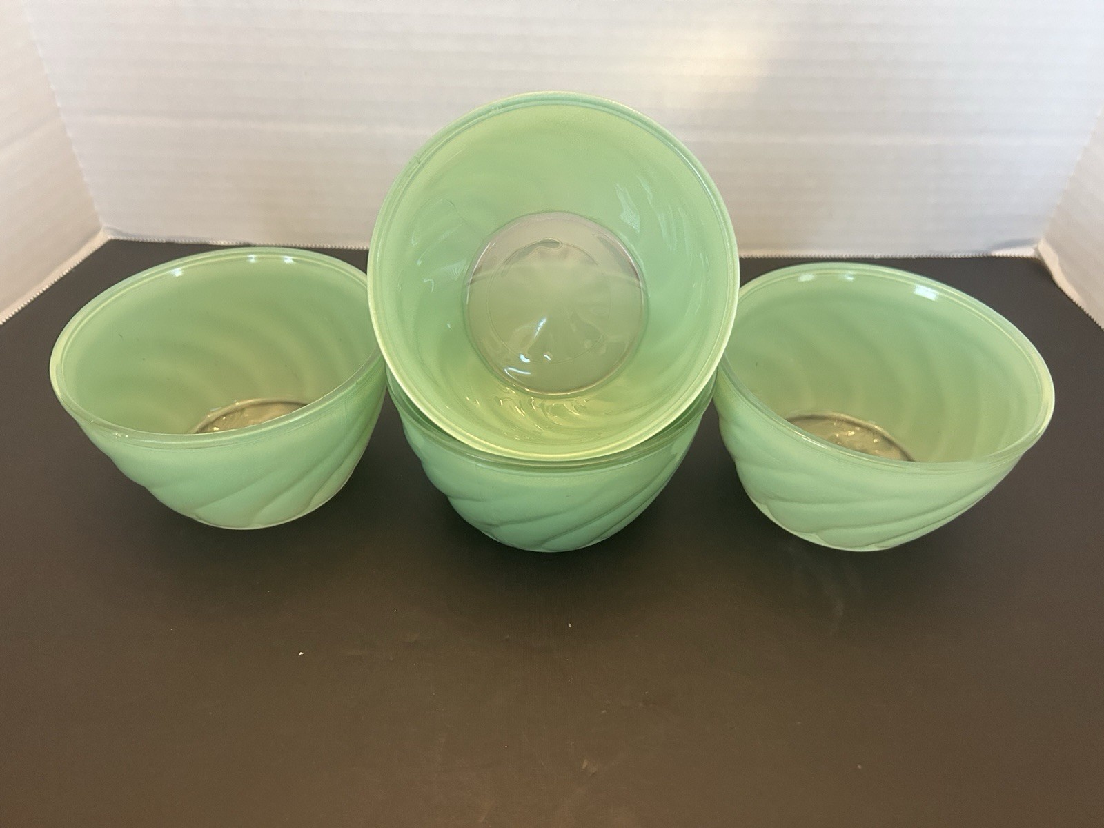Set of 4 Glasbake Sue Bee Honey Seafoam Green Swirl Glass Bowls MCM 1950's Set of 4 Glasbake Sue Bee Honey Seafoam Green Swirl Glass Bowls MCM 1950's