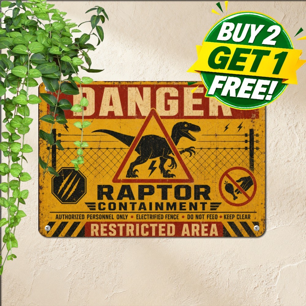 Velociraptor Warning Metal Sign Prehistoric Dinosaur Park Tin Wall Plaque