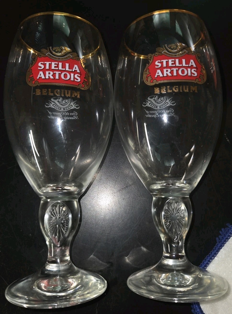2x Stella Artois Vintage 15cl Gold Rim - Over 600 Years Of Brewing Mint