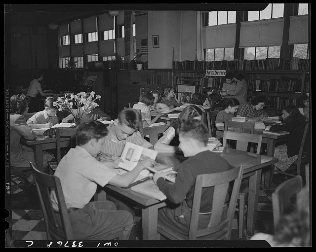 Photo:1930s School Library Students Reading Books Study Room Interior