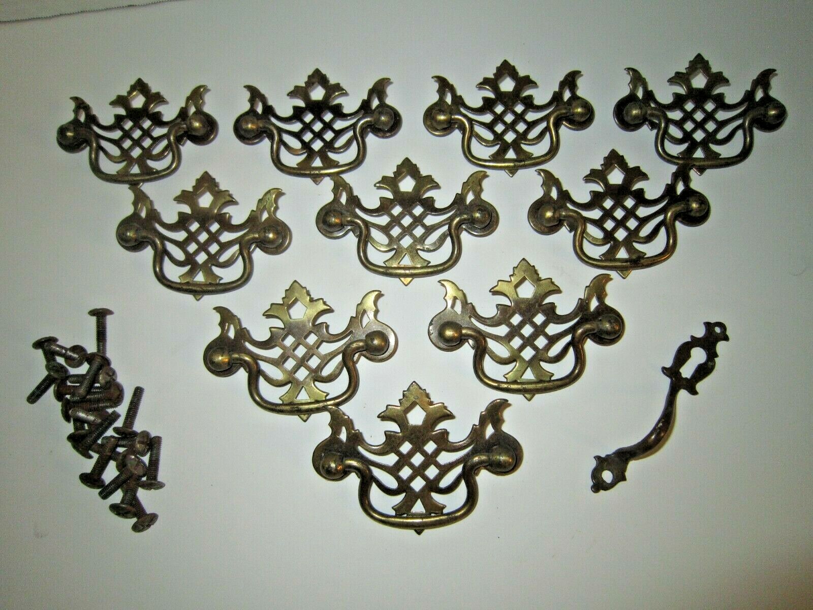 Lot Of 10 Vintage Steel Drawer Pulls W/ Original Brass Key Hole Piece & Screws  