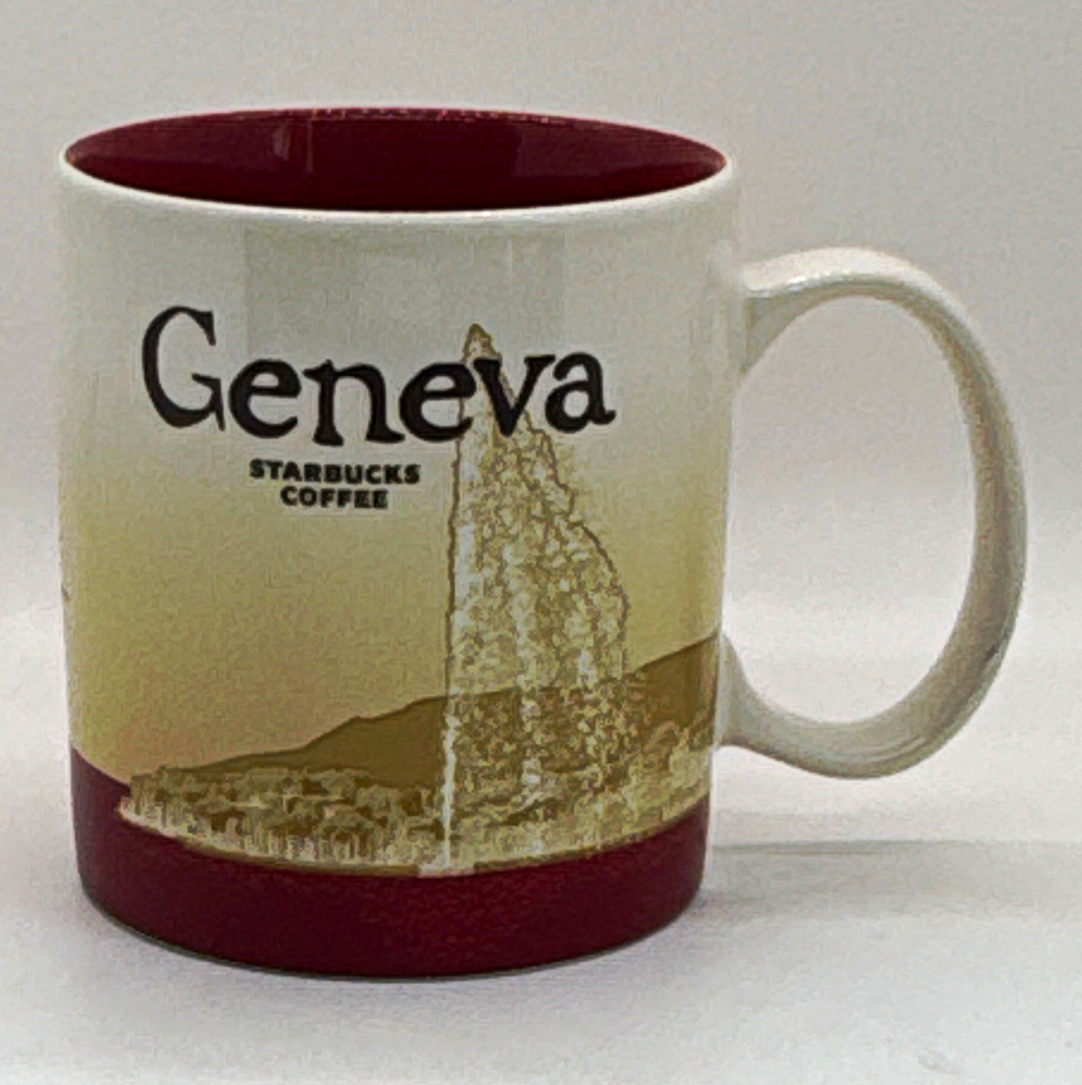 Starbucks Geneva City Coffee Mug White Burgundy Beige Coffee & Tea