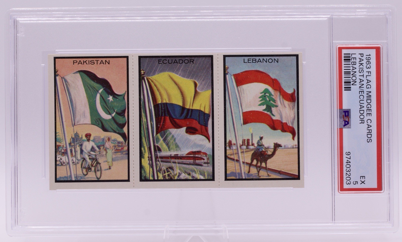 1963 Flag Midgee Cards Pakistan Ecuador Lebanon PSA EX 5 Vintage Uncut Strip