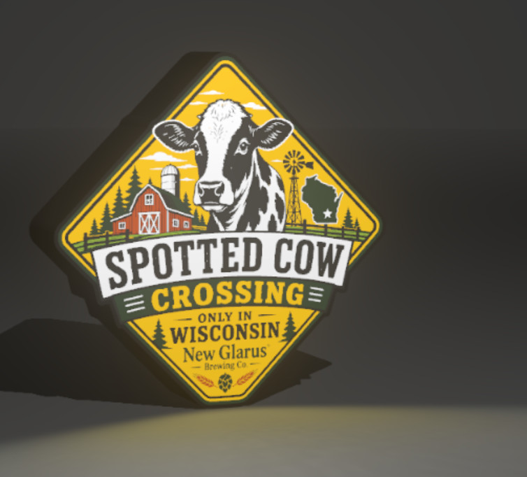 New Glarus Spotted Cow Crossing Sign 3D Printed LED Light-Up Sign Decor Lamp