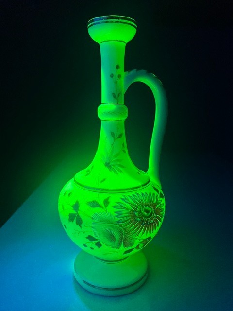 Antique Bristol Opaline Glass Handled Vase w/ Hand Painted Enamel Floral Deco Antique Bristol Opaline Glass Handled Vase w/ Hand Painted Enamel Floral Deco