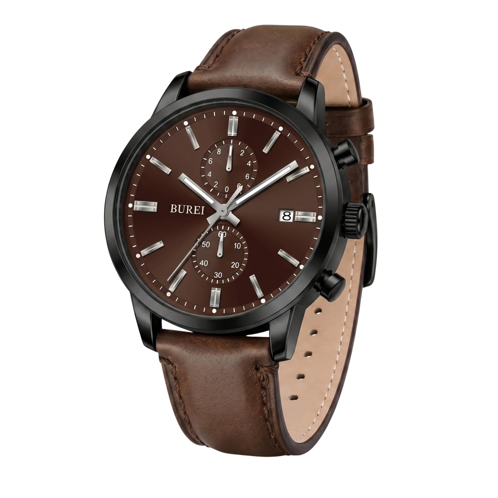 BUREI Men\'s Leather Watches Chronograph Quartz Watches for Men Classic Cool L...