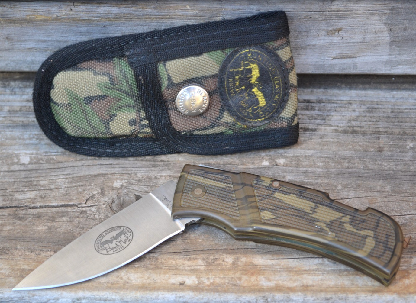 BenchMark Hunting Flat Blade Lock-Back Camo Handle Folding Knife With Sheath USA