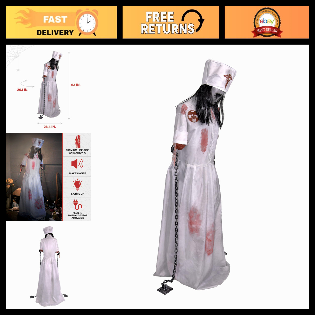 Life-Size 5.2ft Animatronic Convulsing Nurse Halloween Decoration - Motion Sound Life-Size 5.2ft Animatronic Convulsing Nurse Halloween Decoration - Motion Sound