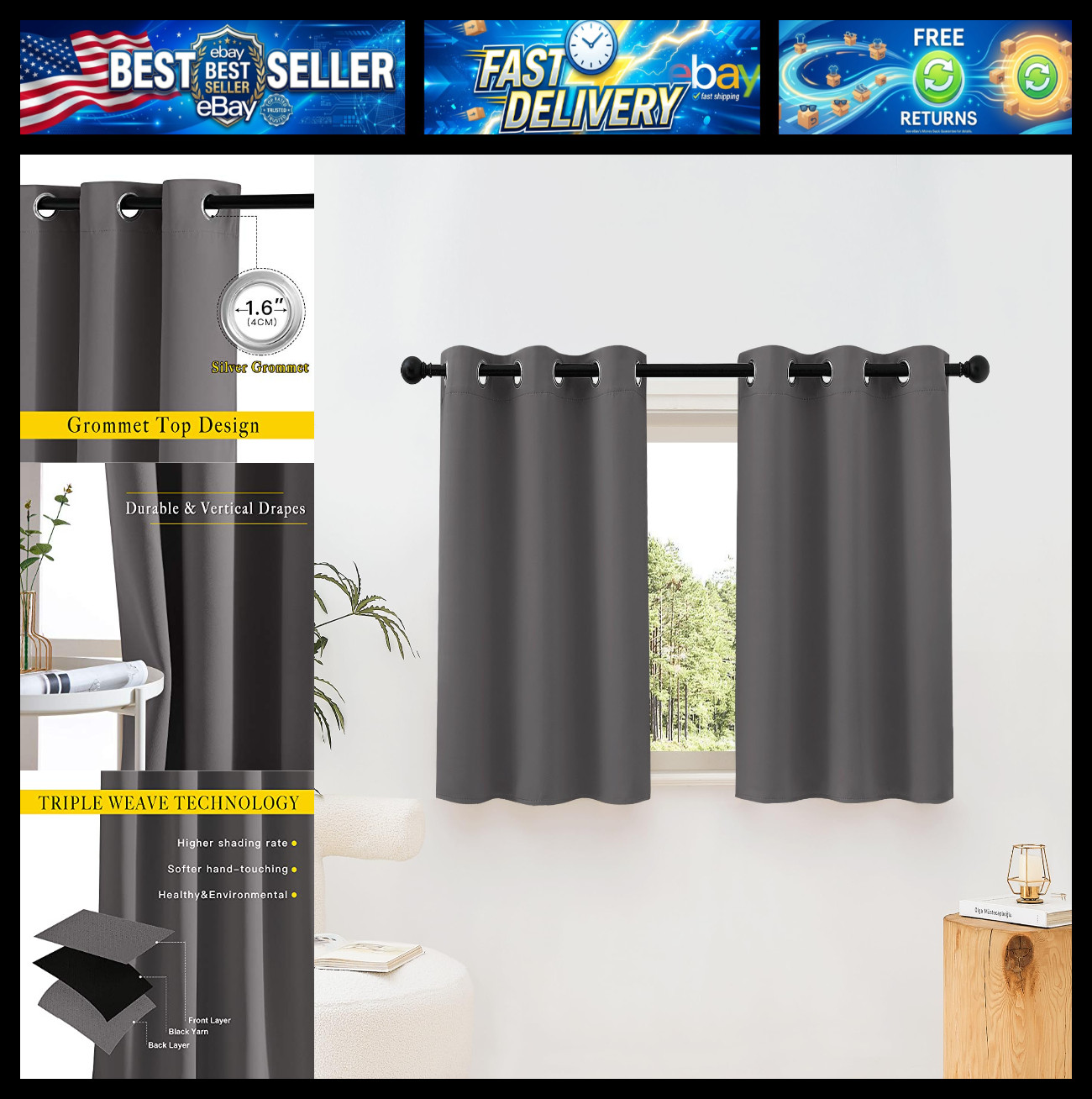NICETOWN Grey Room Darkening Curtains Blackout 40 inch Curtains for Kitchen, Gro