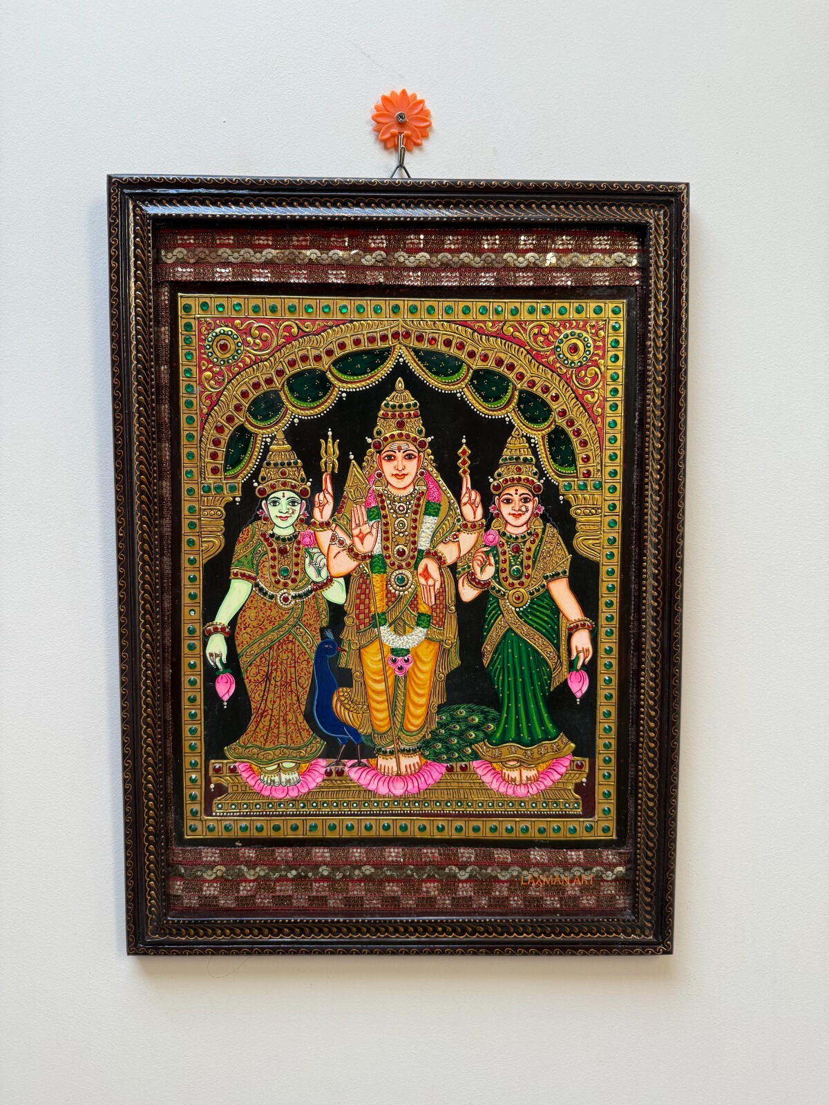 Tanjore Painting Lord Murugan Swamy Valli Devanai Photo Wall Art Frame- 16 x 22\