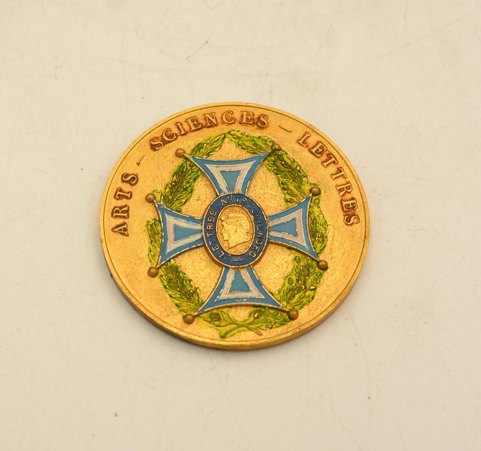 Rare Vintage Arts Sciences Letters Large Gilt Bronze & Enamel Medal 51mm