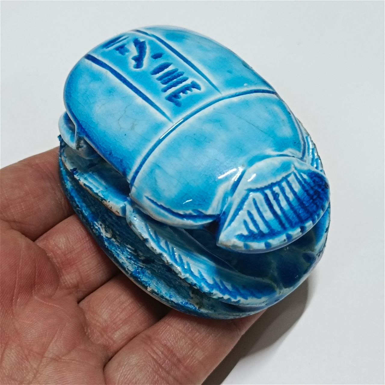Blue Egyptian Scarab with Hieroglyphic Details, Egyptian Heritage Collectible