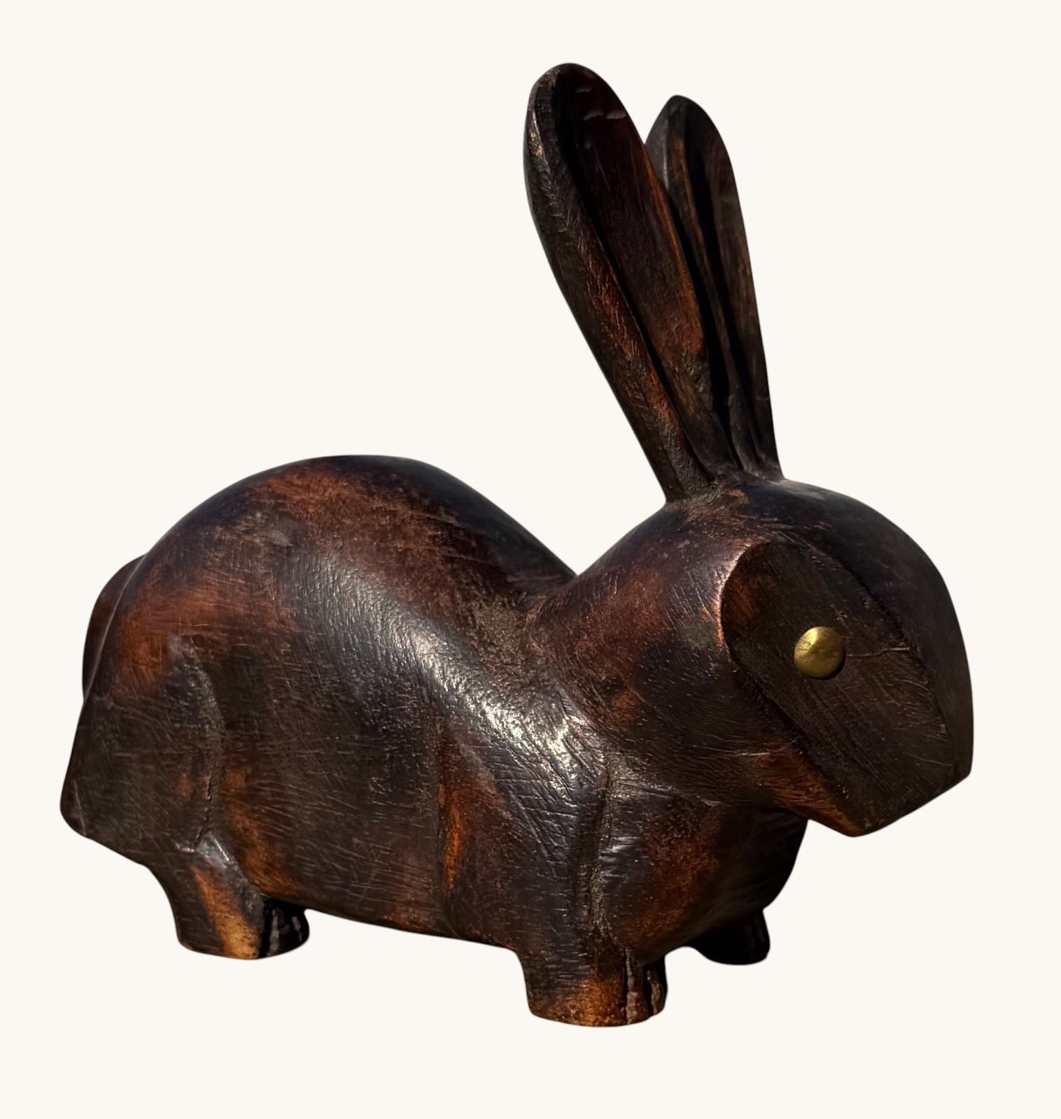 Vintage Hand Carved Wooden Rabbit Brass Eyes India Folk Art Bunny Figure