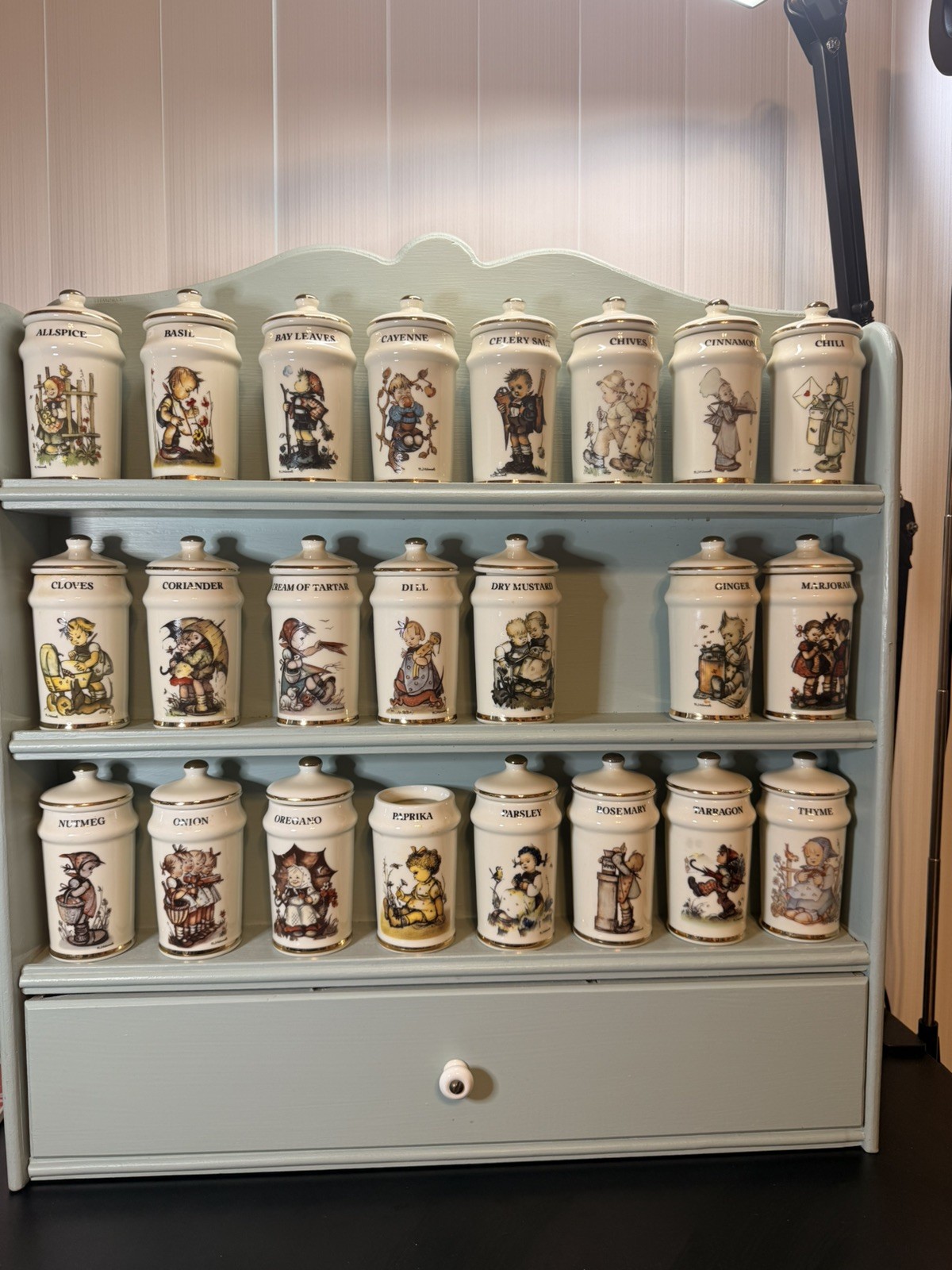 MJ Hummel Vintage Porcelain Spice Jar Set with Wooden Rack 22 Pieces