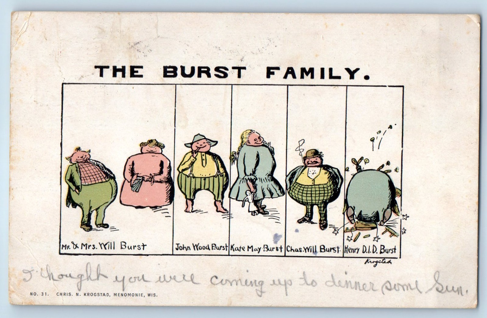 1908 Humor The Burst Family Stittville New York NY Posted Antique Postcard