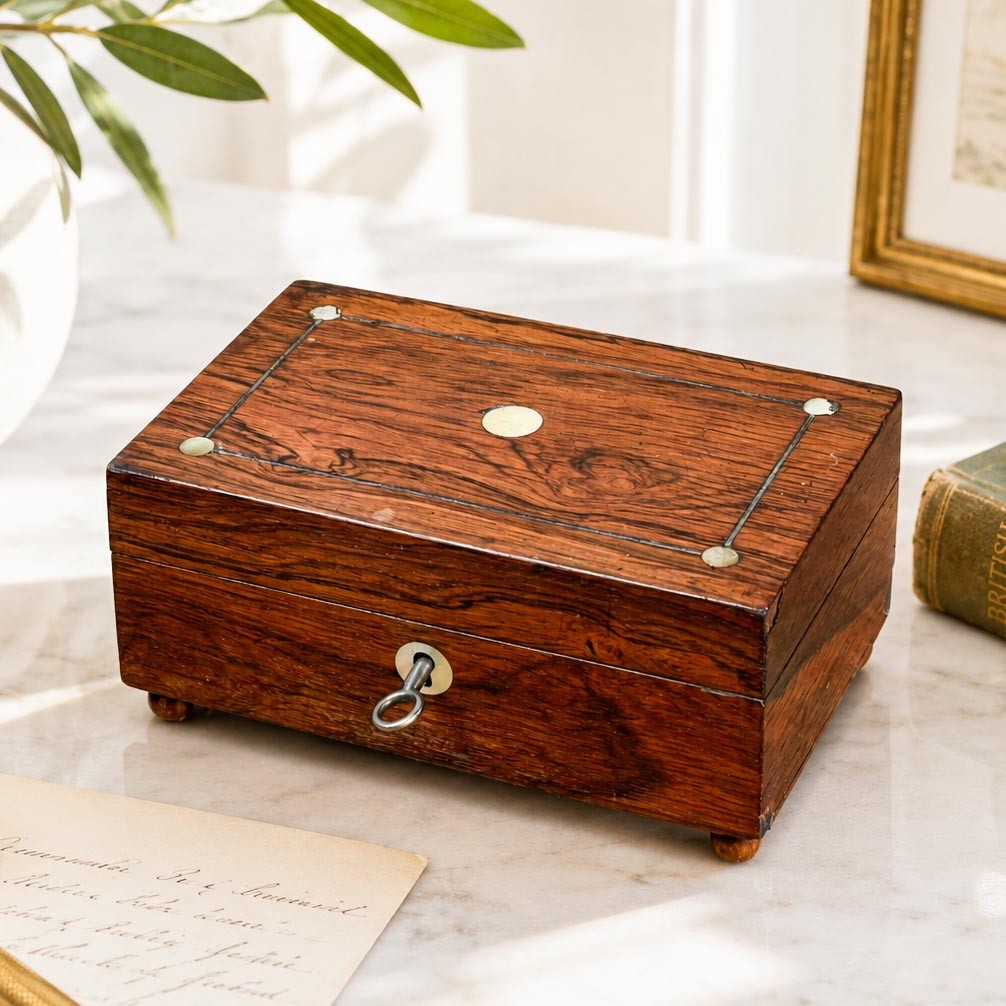 Charming Small Antique Victorian Wood Jewelry Box with Key