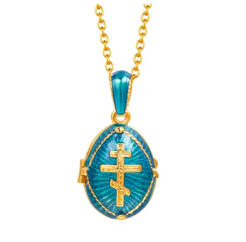 Orthodox Three Bar Cross Pendant + Chain 18K Gold Plated Enamel Locket Necklace