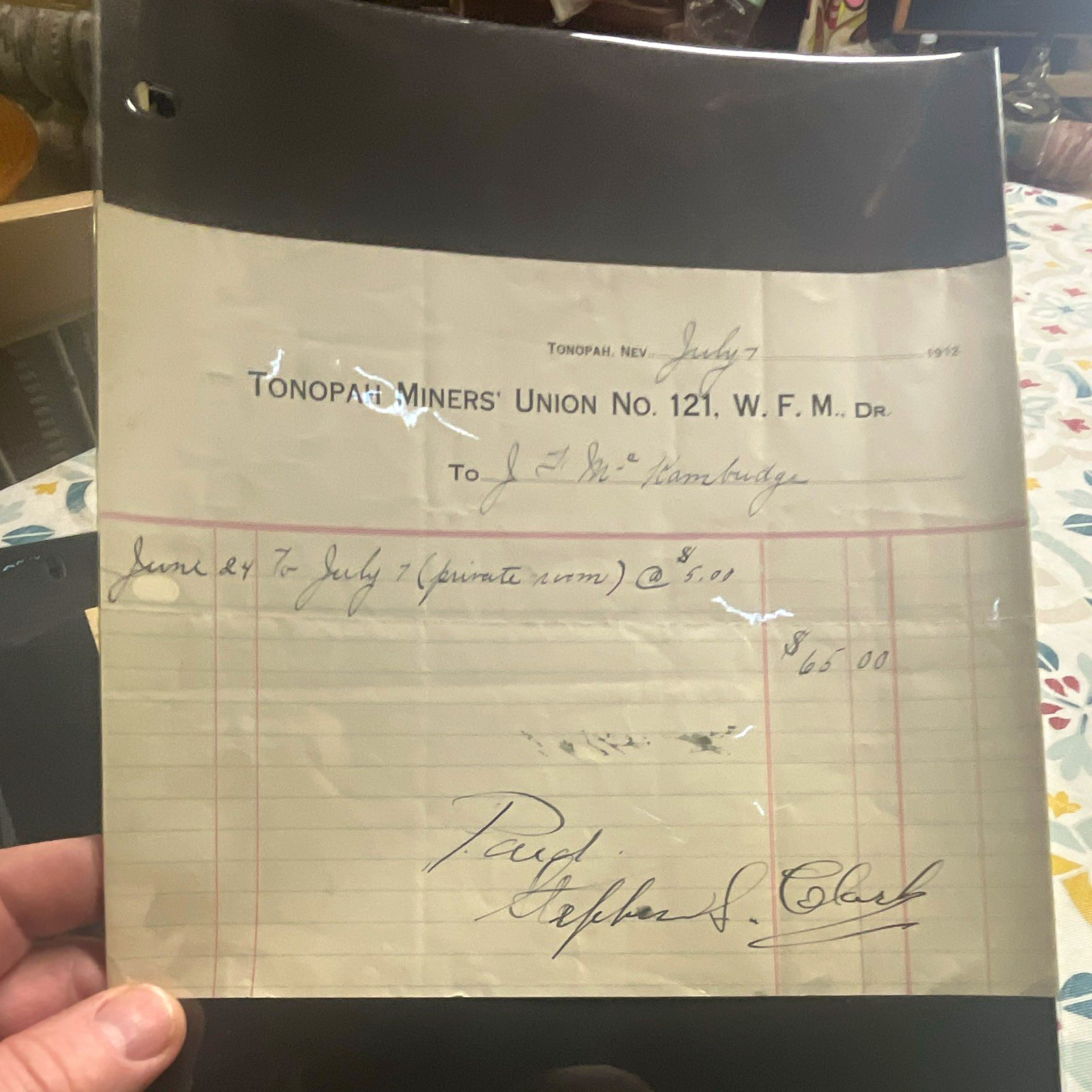 1912 Tonopah Miners' Union No. 121 Payment Receipt - Tonopah, Nevada Signed