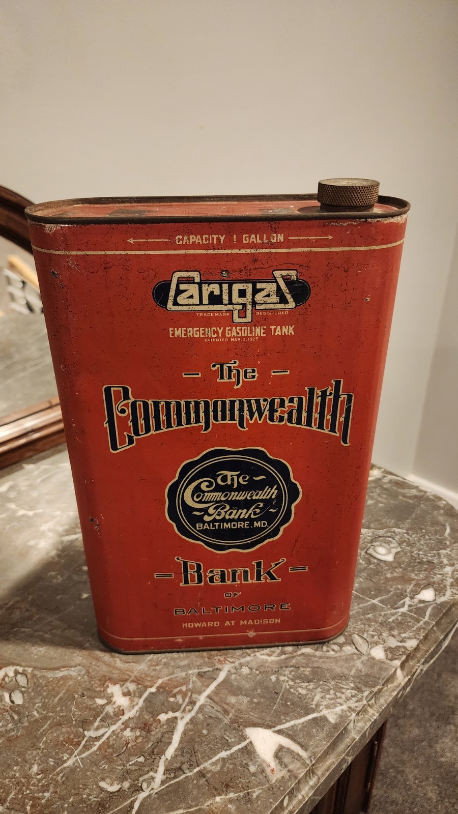 RARE 1925 Carigas Gas Can Commonwealth Bank Baltimore Maryland Howard At Madison