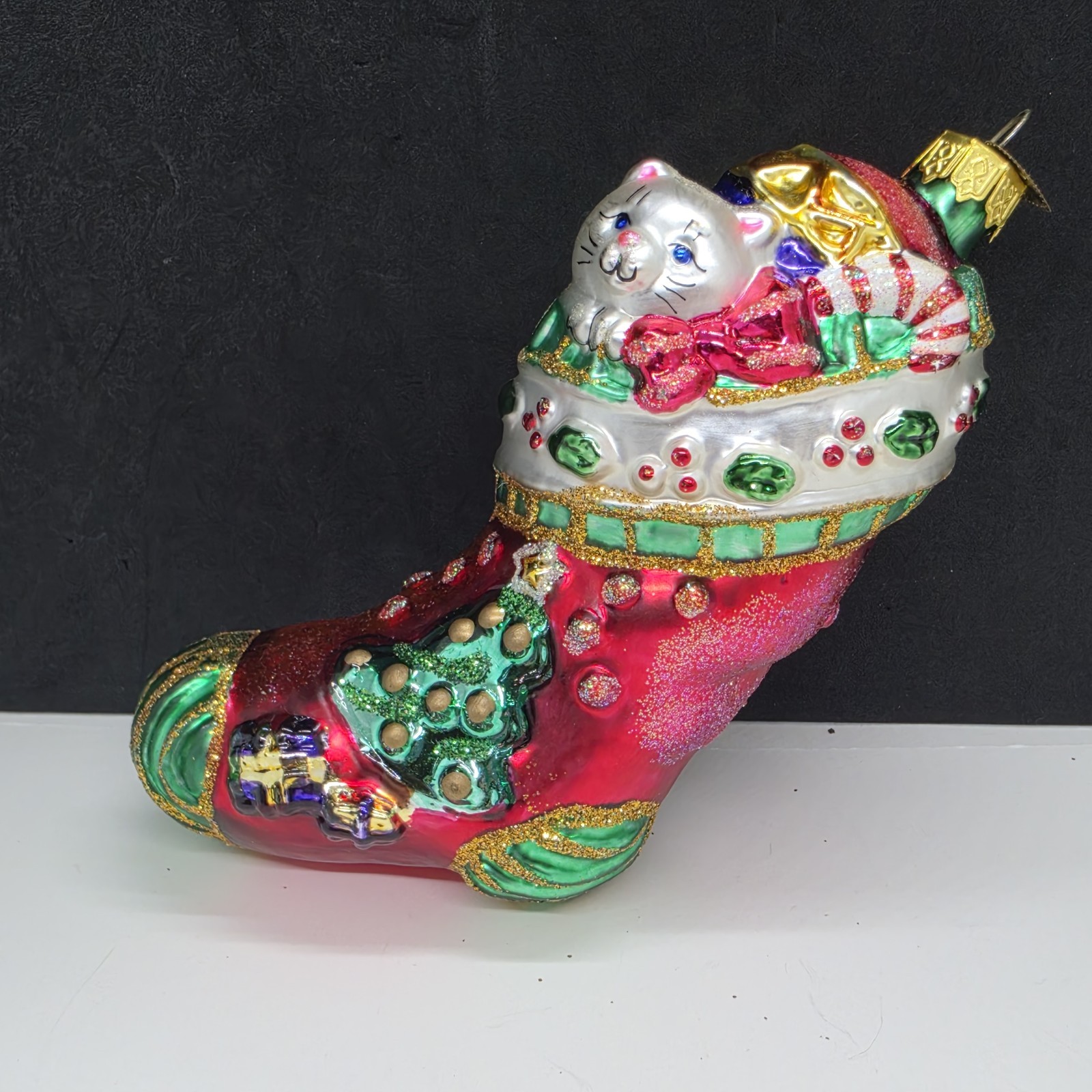 Old World Christmas Kitty Cat Red Stocking Glass Ornament Glitter Handpainted 