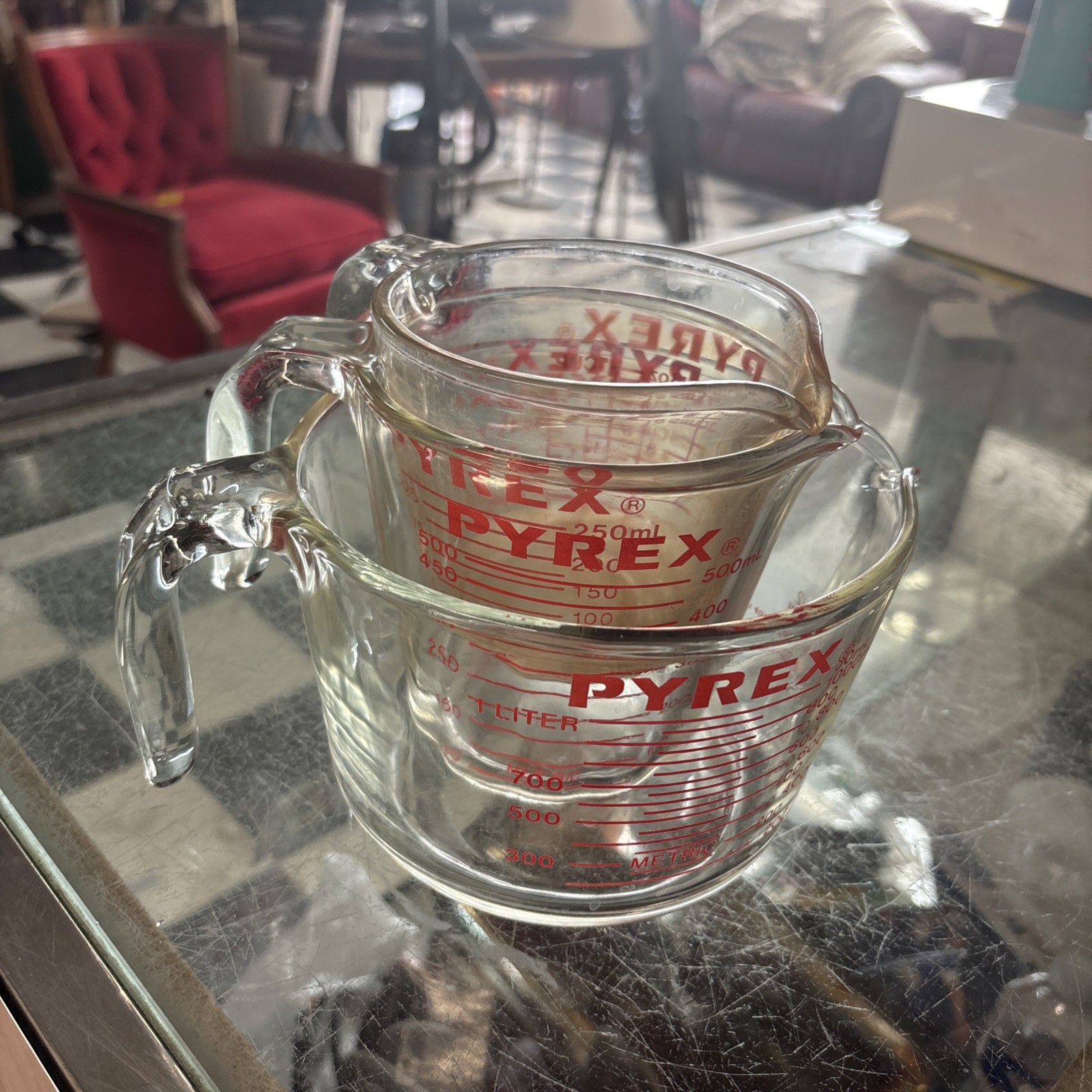Vintage Pyrex Glass Measuring Cups Set 1 2 4 Cup Red Lettering Metric USA