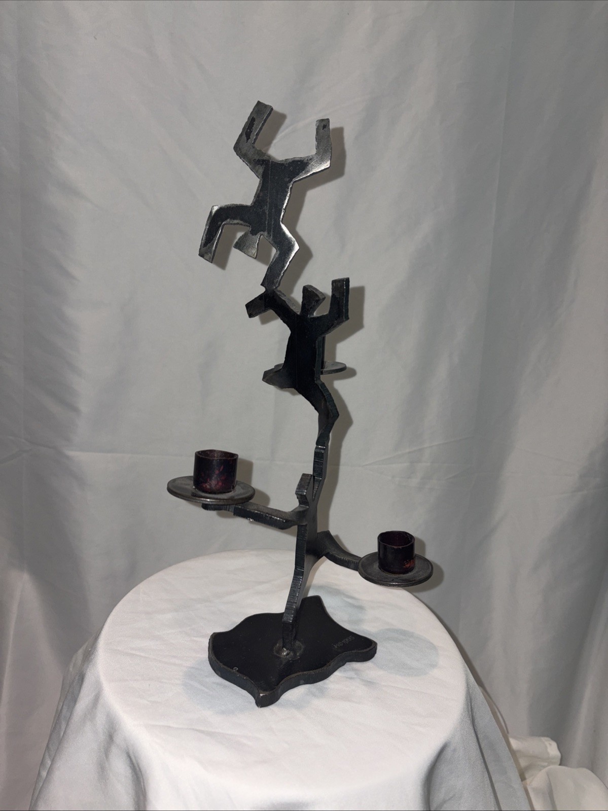 Signed M © 1995 Postmodern Torch Cut Iron Figural Candelabra 14”