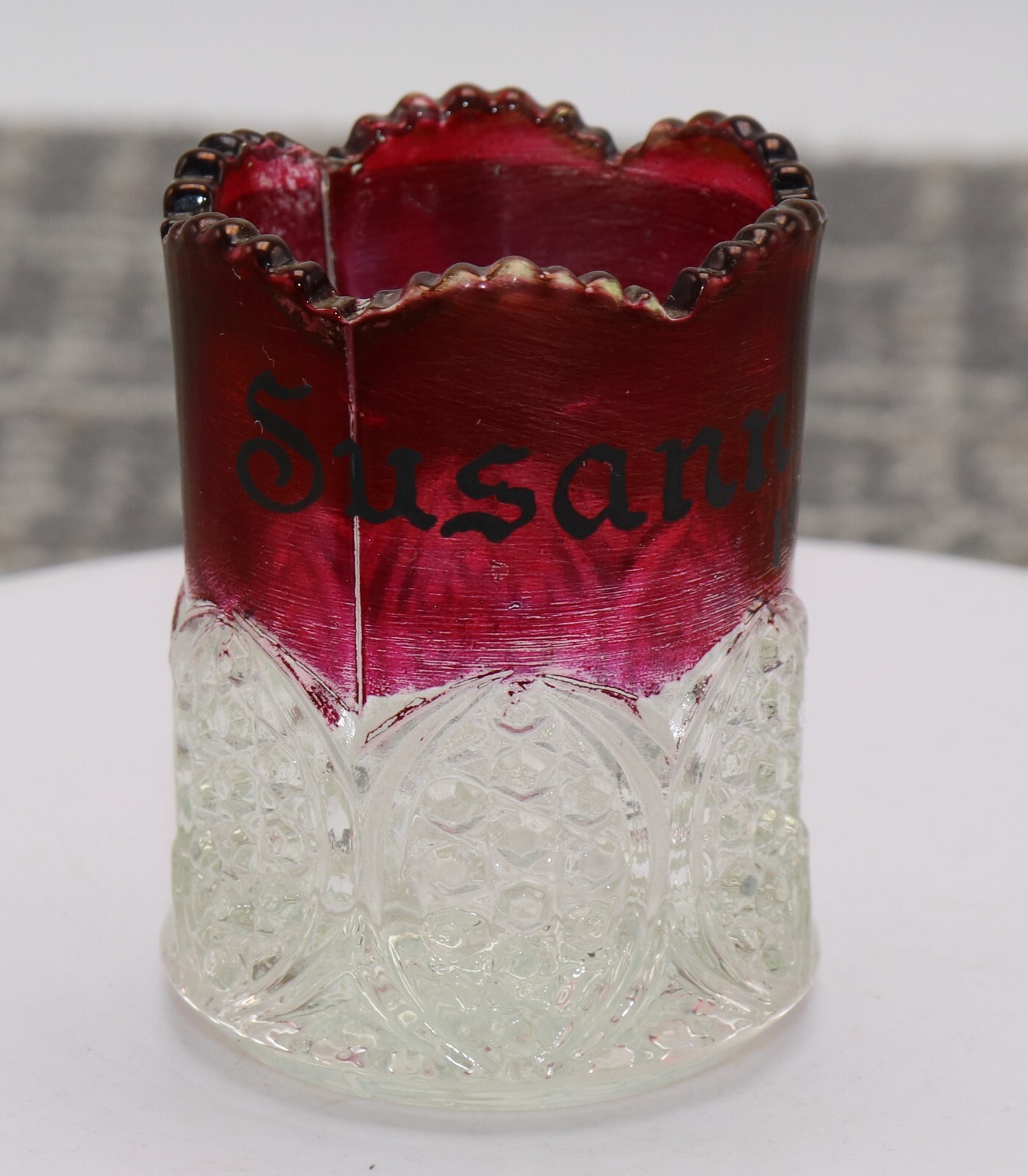 Antique Ruby Stain Toothpick Holder Susann 1907