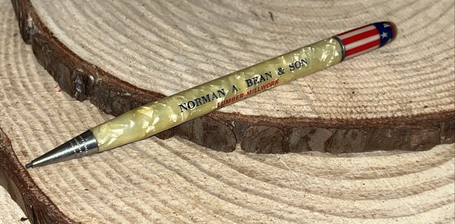 Vintage Norman A Bean & Son Lumber Mechanical Pencil Reading PA Patriotic USA