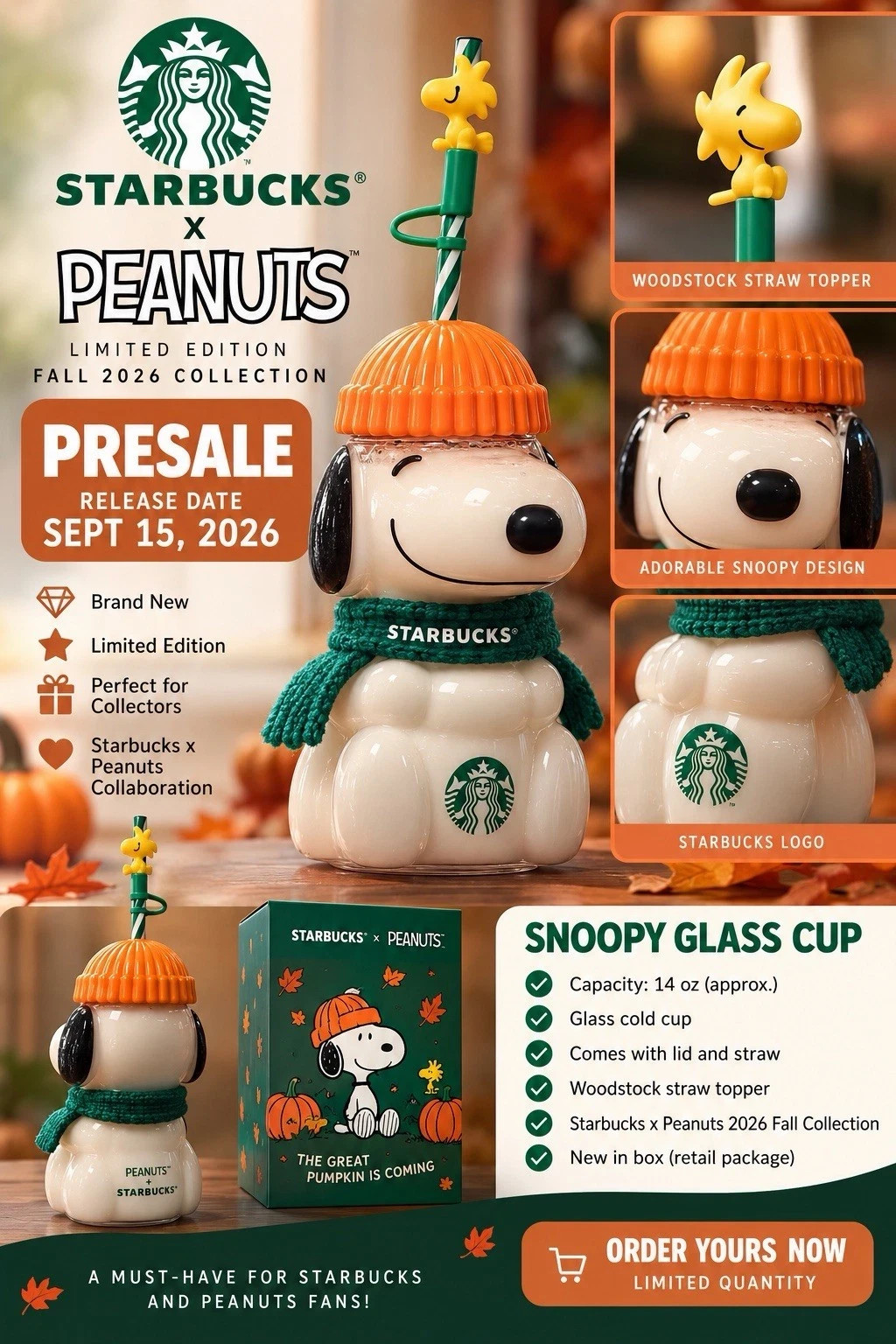Presale New Starbucks x Peanuts Snoopy Limited Edition Glass Cup  Authentic Gift