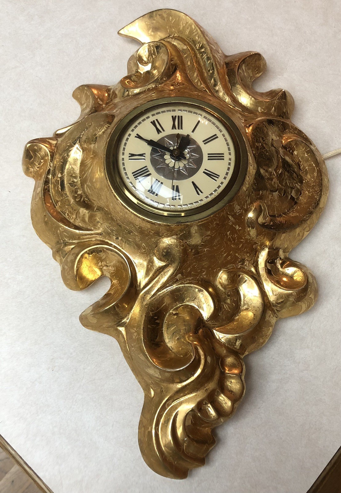 Vintage Lanshire T-3 Electric Hanging Wall Clock Gold Ceramic 15” MCM