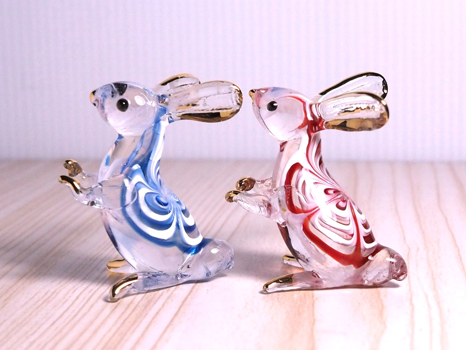 2pcs. maroon blue rabbit bunny figurine hand blown Glass art gild  GIFT cute