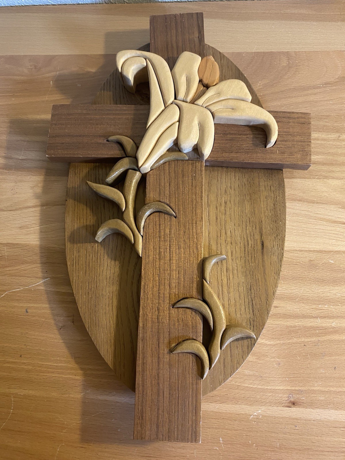 Handcrafted Intarsia Wooden Lily Cross 