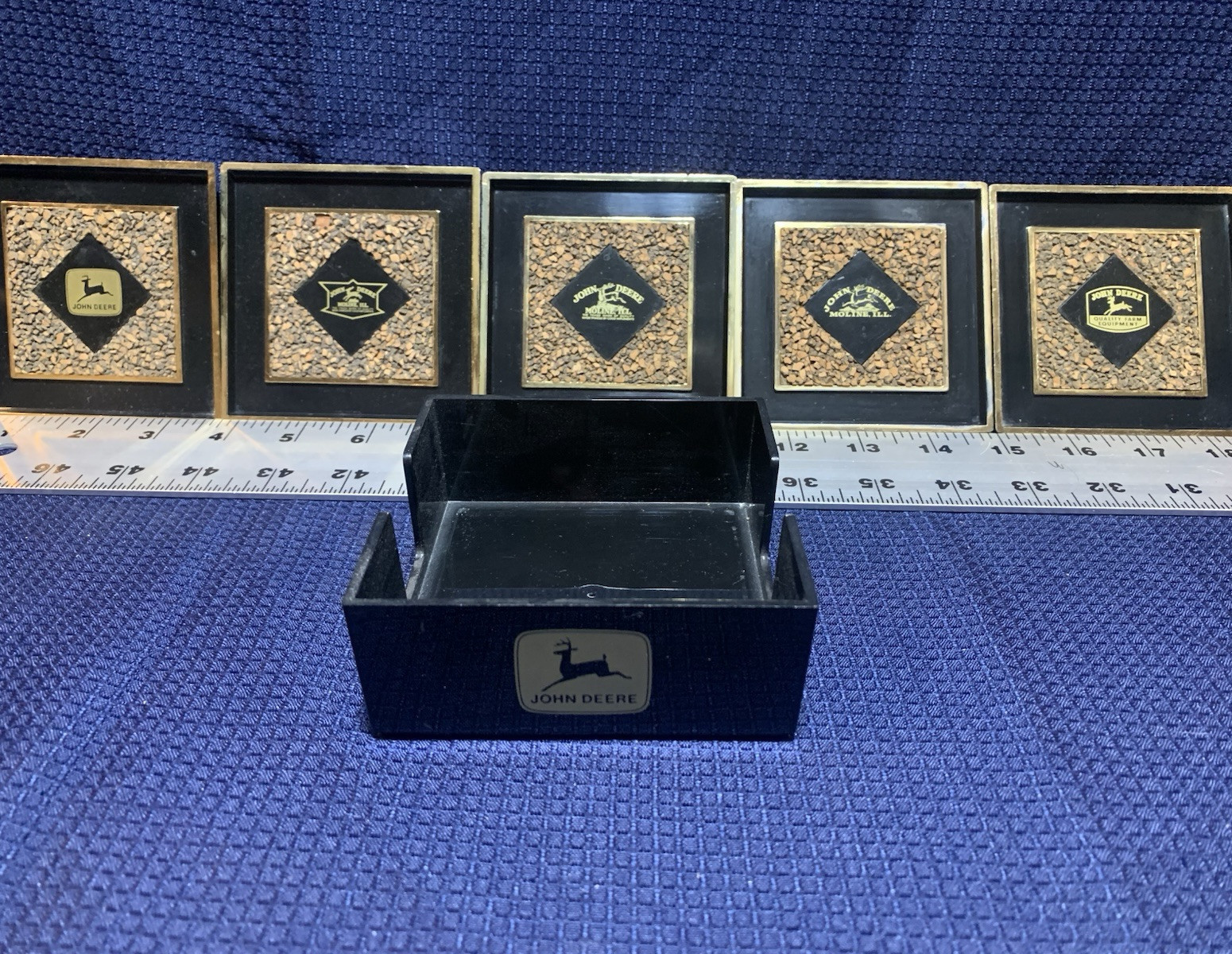 Five Vintage John Deere Moline Coasters & Holder - Classic Logos - 