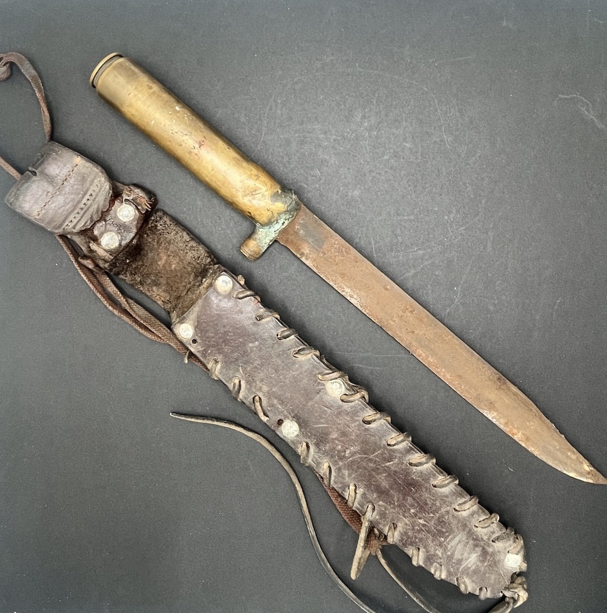 WW2 WWll Guadalcanal Trench Art Knife & Sheath Marked 20mm Shell Casing 1942 13”