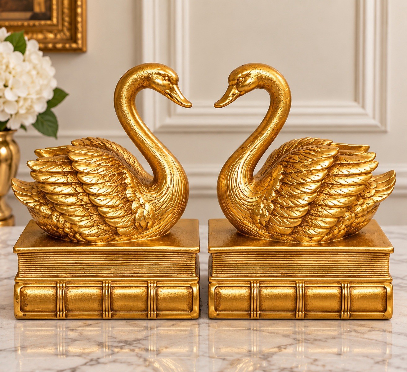 Vintage Style Art Deco Pair Of Gold Swan On Book Bookends Gold Swan Shelf Decor Vintage Style Art Deco Pair Of Gold Swan On Book Bookends Gold Swan Shelf Decor
