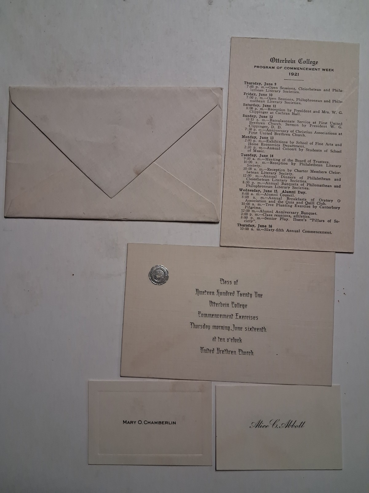 1921 OTTERBEIN COLLEGE University Commencement Invitation WESTERVILLE OH