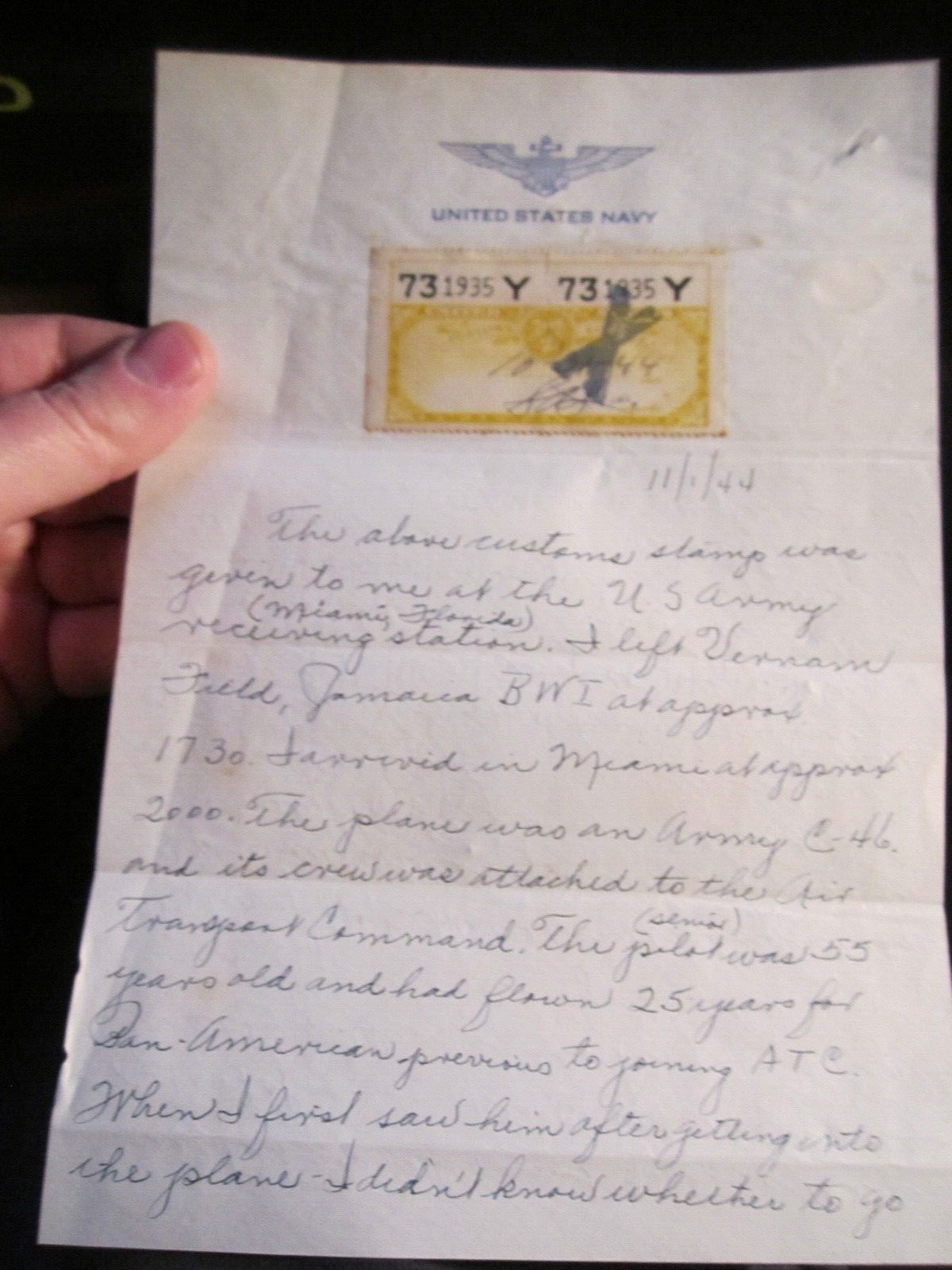 1944 UNITED STATES NAVY LETTER WITH CUSTOM'S SERVICE STAMP -  BBA50