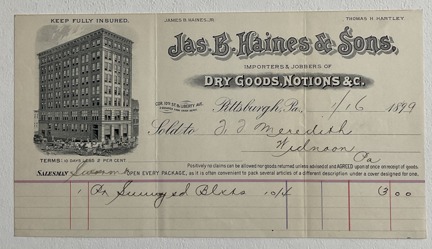 1899 Billhead Pittsburgh Pa Jas B Haines & Sons Dry Goods Vignette #b3