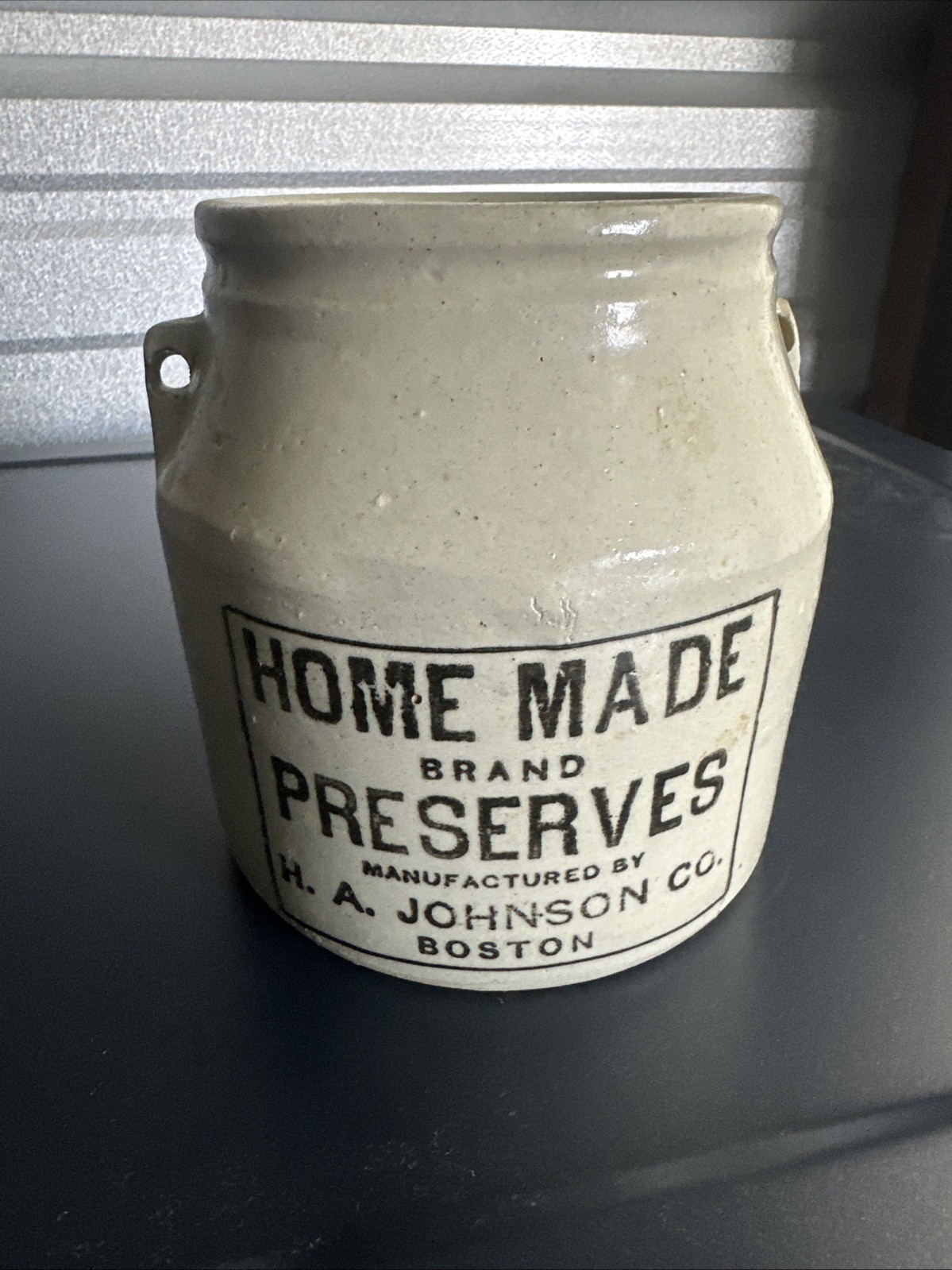Vintage Stoneware Crock Home Made Preserves Jar H.A. Johnson & Co Boston