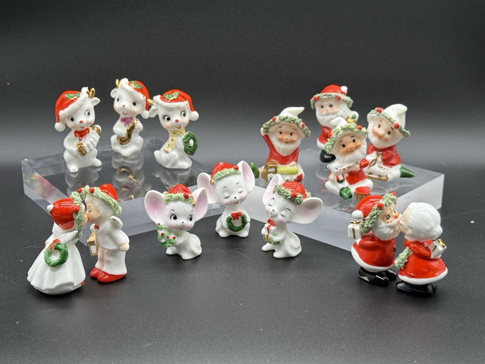Vintage Napco Bone China Christmas Mini Figurines Lot 14 Spaghetti Trim Japan