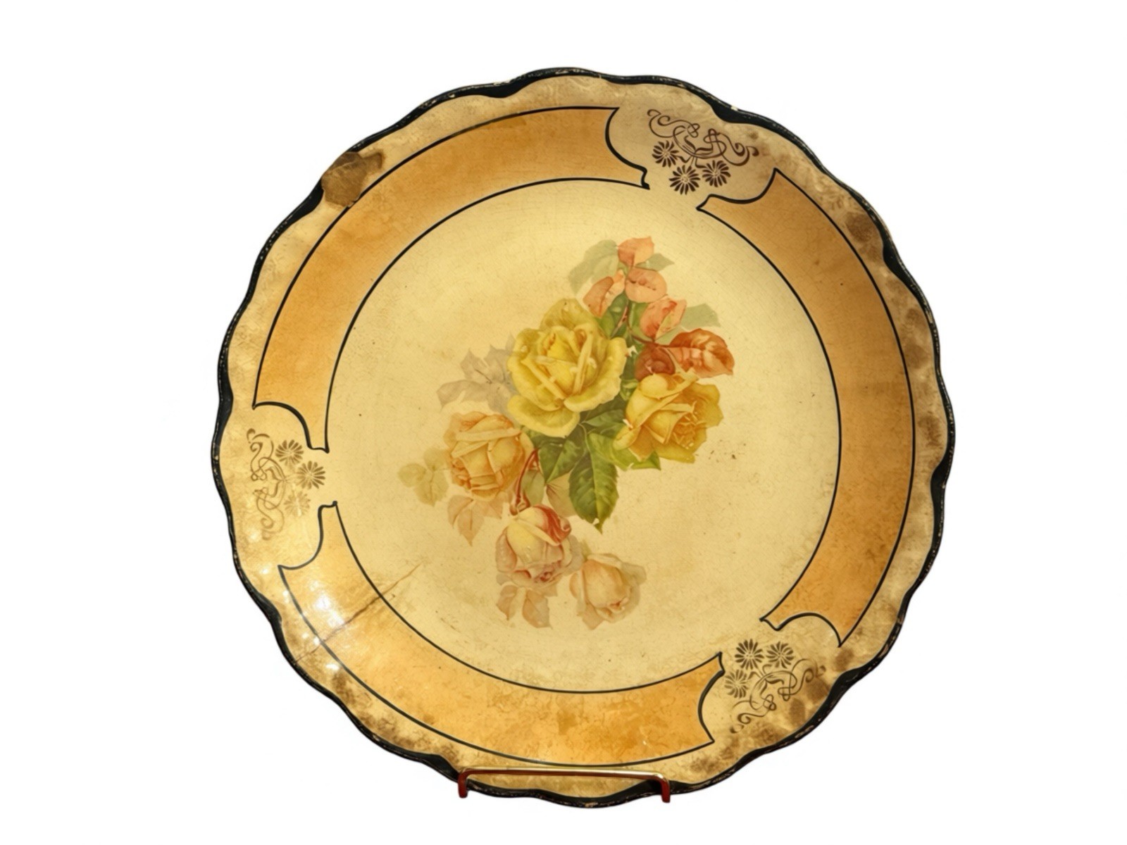 VTG-Hand Painted-Porcelain Plate-Yellow Roses-Scalloped-Art Nouveau Style-10”