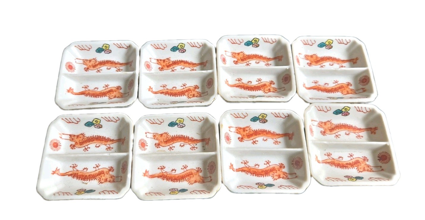 Vintage Japan Red Dragonware Divided Condiment Sauce Dish 2.75