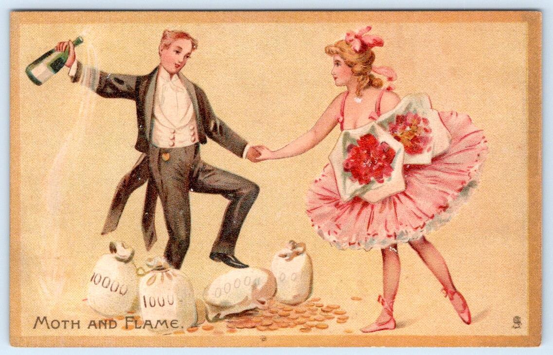 1910-20's TUCKS MOTH & FLAME FACTS & FANCIES MONEYBAGS BALLERINA TUXEDO POSTCARD