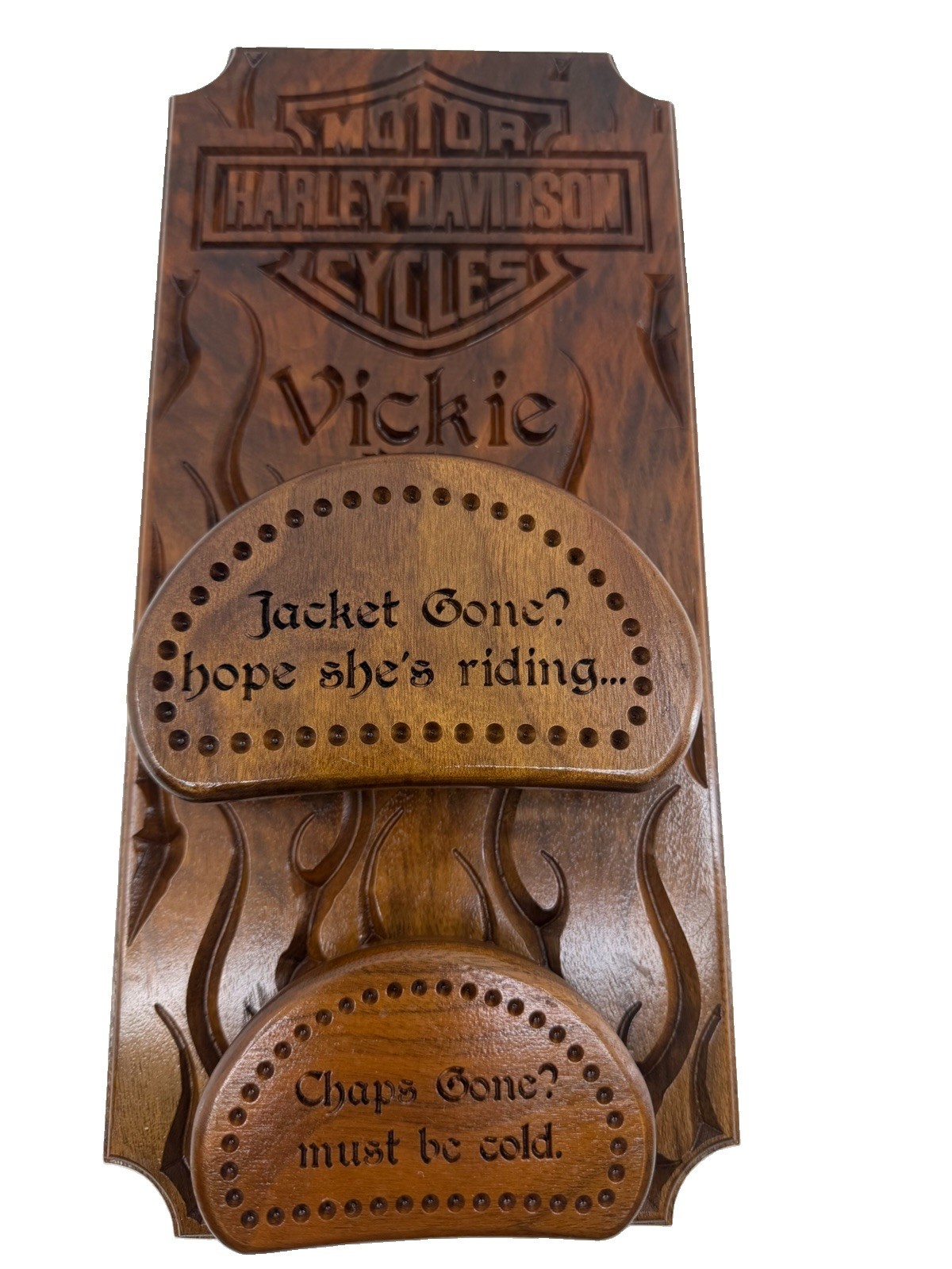 Custom Harley-Davidson Themed Hand Carved Wood Jacket Chaps Rack Vickie 14in