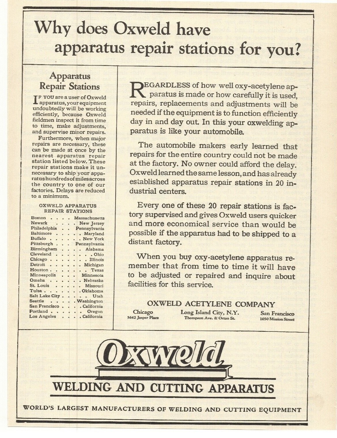1925 Oxweld Acetylene Company Advertisement