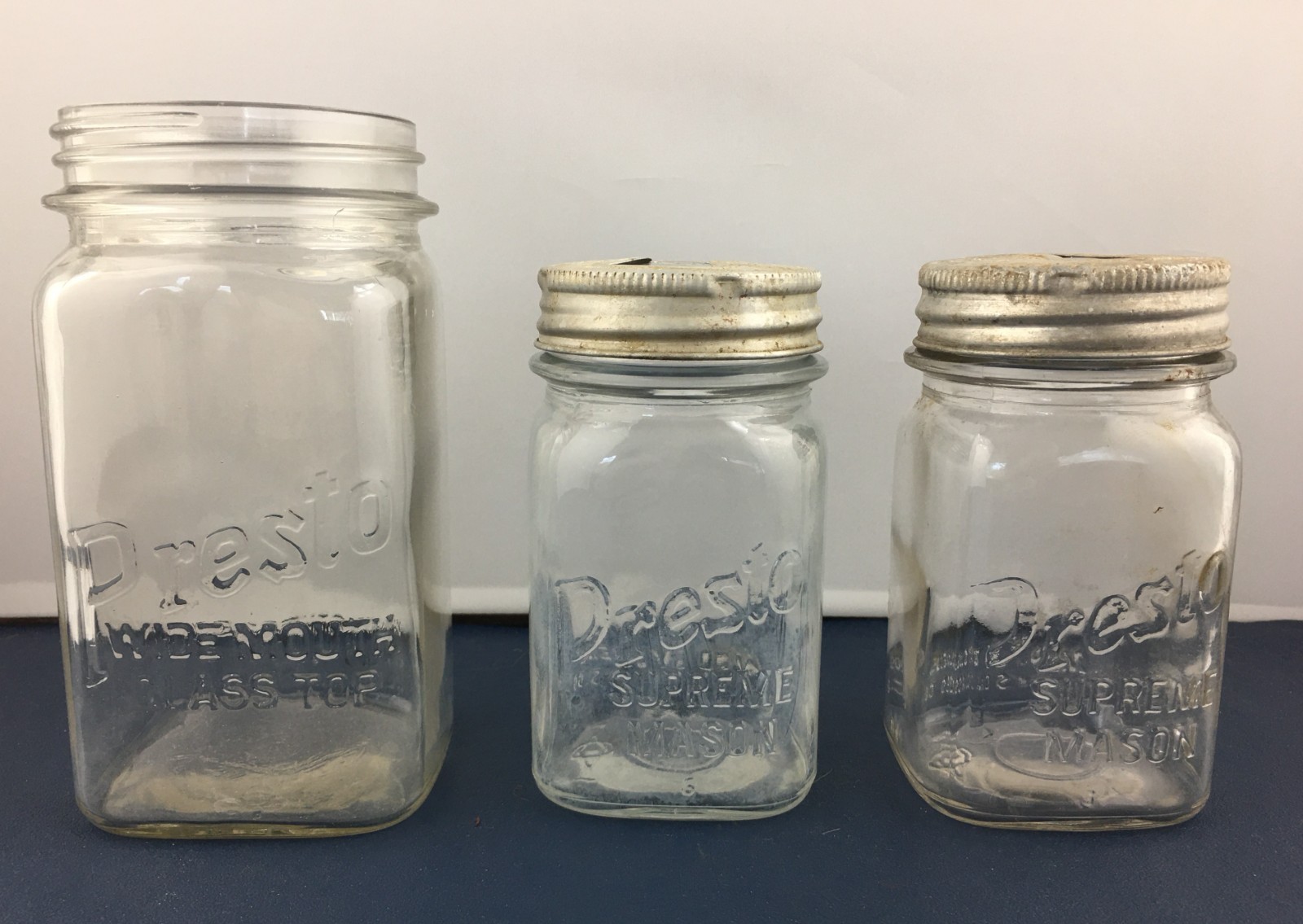 Presto Wide Mouth Quart & Two Supreme Mason Pint Jars 1940s–50s O‑I Marks Lot